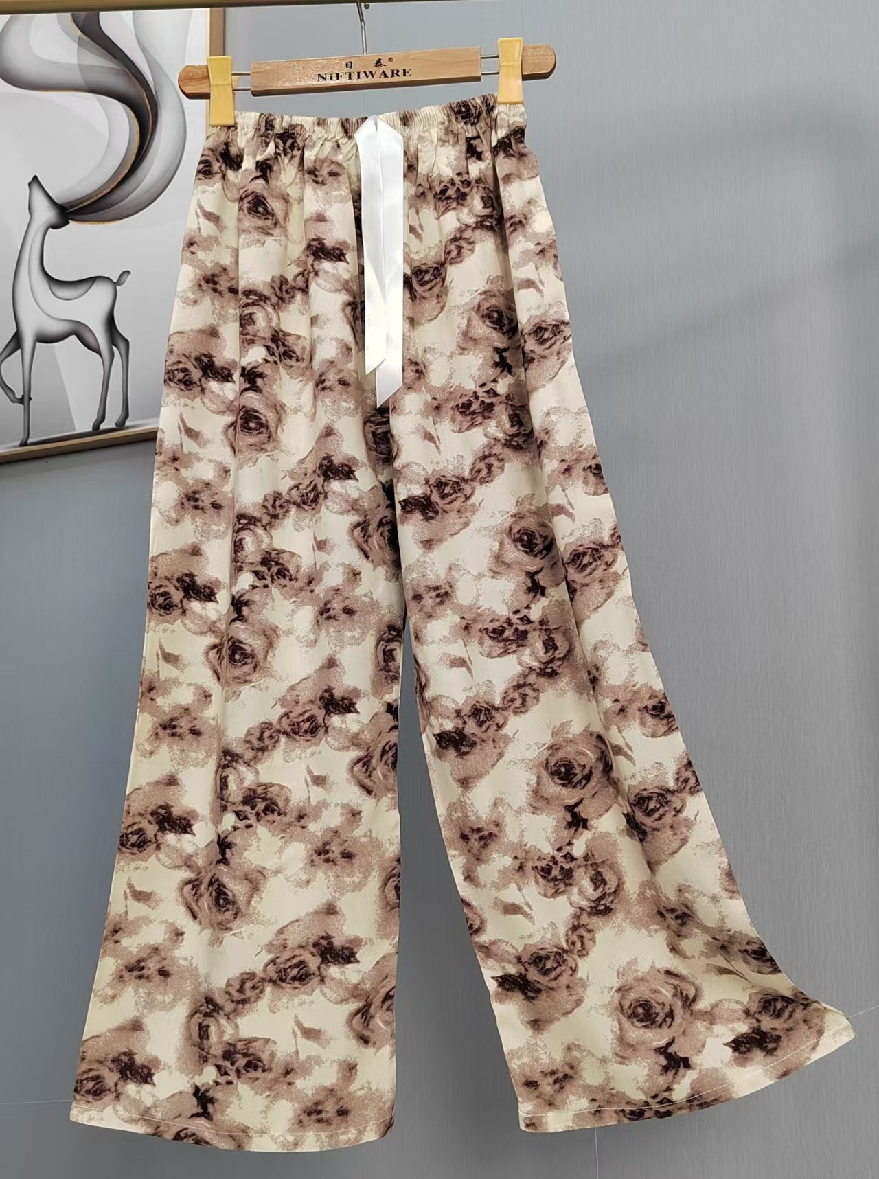 Pijama de seda de algodón para mujer, pantalones anchos de mujer embarazada de seda de algodón con estampado fino de verano