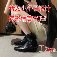 牛皮版~真皮复古尖头V口短靴女粗跟显瘦后拉链西部牛仔靴子马丁靴