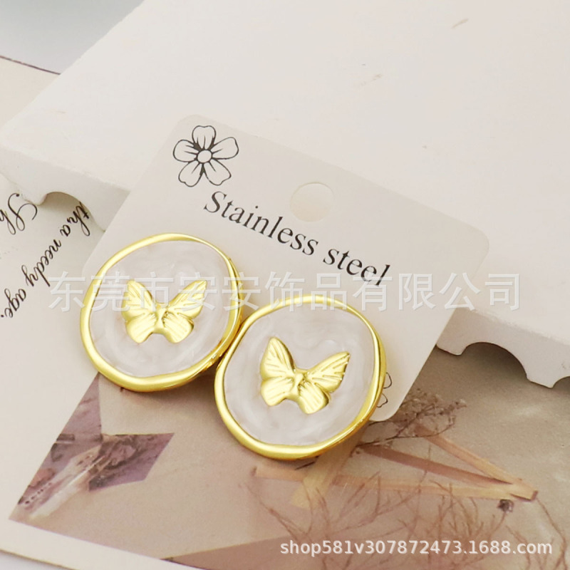 跨境轻奢高级感不锈钢方形白色滴釉爱心耳环女小巧精致时尚耳钉|undefined