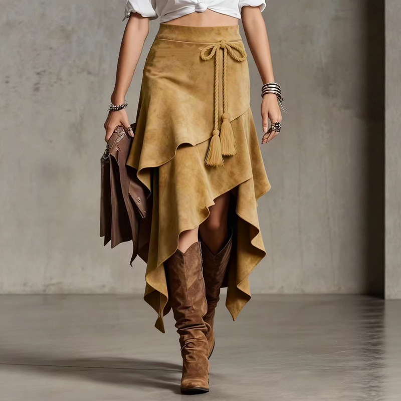 2025 New European and American Cross-Border Retro Western Style Irregular Suede Skirt for Women, High-Waisted Slimming Long Skirt