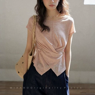 MIXABO粉色扭结T恤女夏短款下摆短袖圆领上衣2026新款高级感
