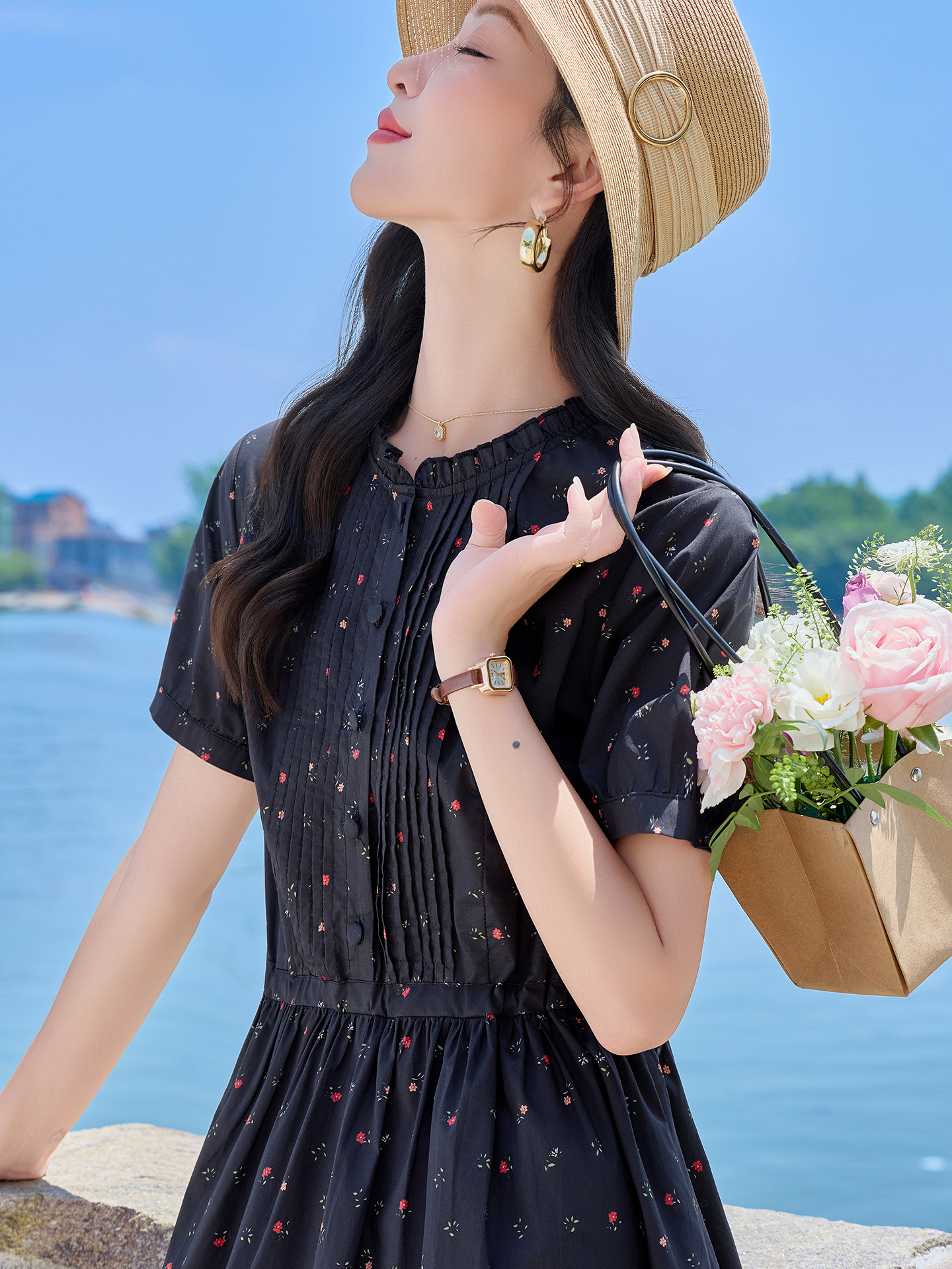 Đầm maxi nữ thắt eo in họa tiết hoa cổ điển tay ngắn — Xanh lông mòng đen