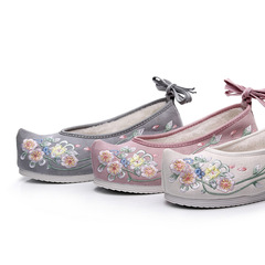 Bow shoes, Hanfu shoes, single shoes/wool-lined cotton, upturned head ancient style traditional upturned head shoes embroidered fabric women's shoes
