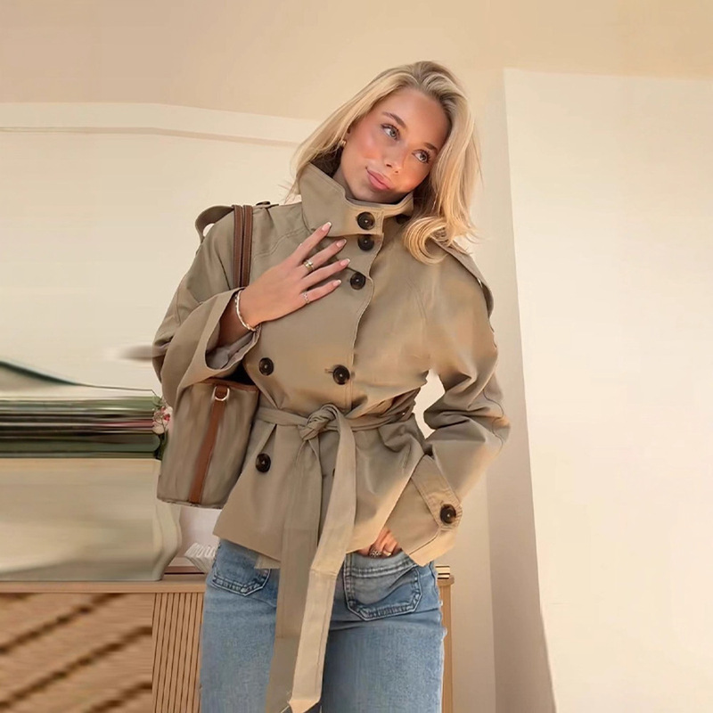 2025 Autumn and Winter Women's Clothing Cross-Border Aliexpress Popular Style Stand-Up Collar Double-Breasted Waist-Tie Short Windbreaker Jacket