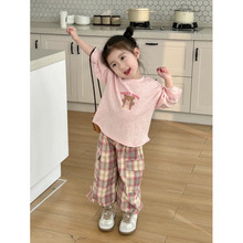 女童套装2025春秋新款韩版可爱小熊长袖宝宝格子印
