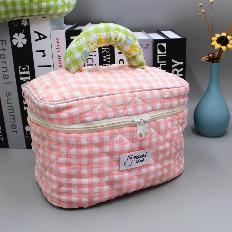 Свежая хлопковая вместительная косметичка, organizer bag, сумка через плечо, корейский стиль, с вышивкой