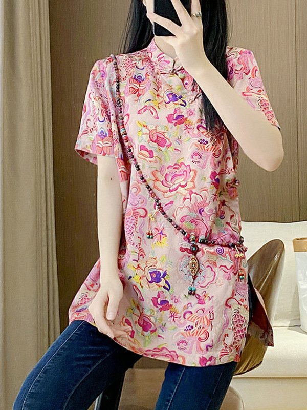 新しい中国風のナショナルスタイルのボタン付きトップ女性の夏の新しいレトロなレーヨンジャカードデイリー改良されたチャイナドレスシャツ|undefined