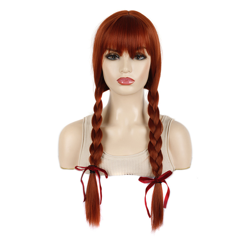 Bow Double Braid Ponytail Wig Headgear Cute Lady Anime Wig Broken Hair Bangs Braid Wig Headgear Bow Double Braid Ponytail Wig Headgear Cute Lady Anime Wig Broken Hair Bangs Braid Wig Headgear