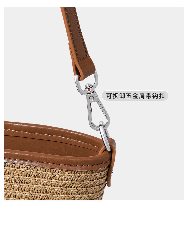 Túi bucket nữ dệt cói đi biển quai đeo chéo — màu kaki, Kaki (phiên bản công cộng) chi tiết 16