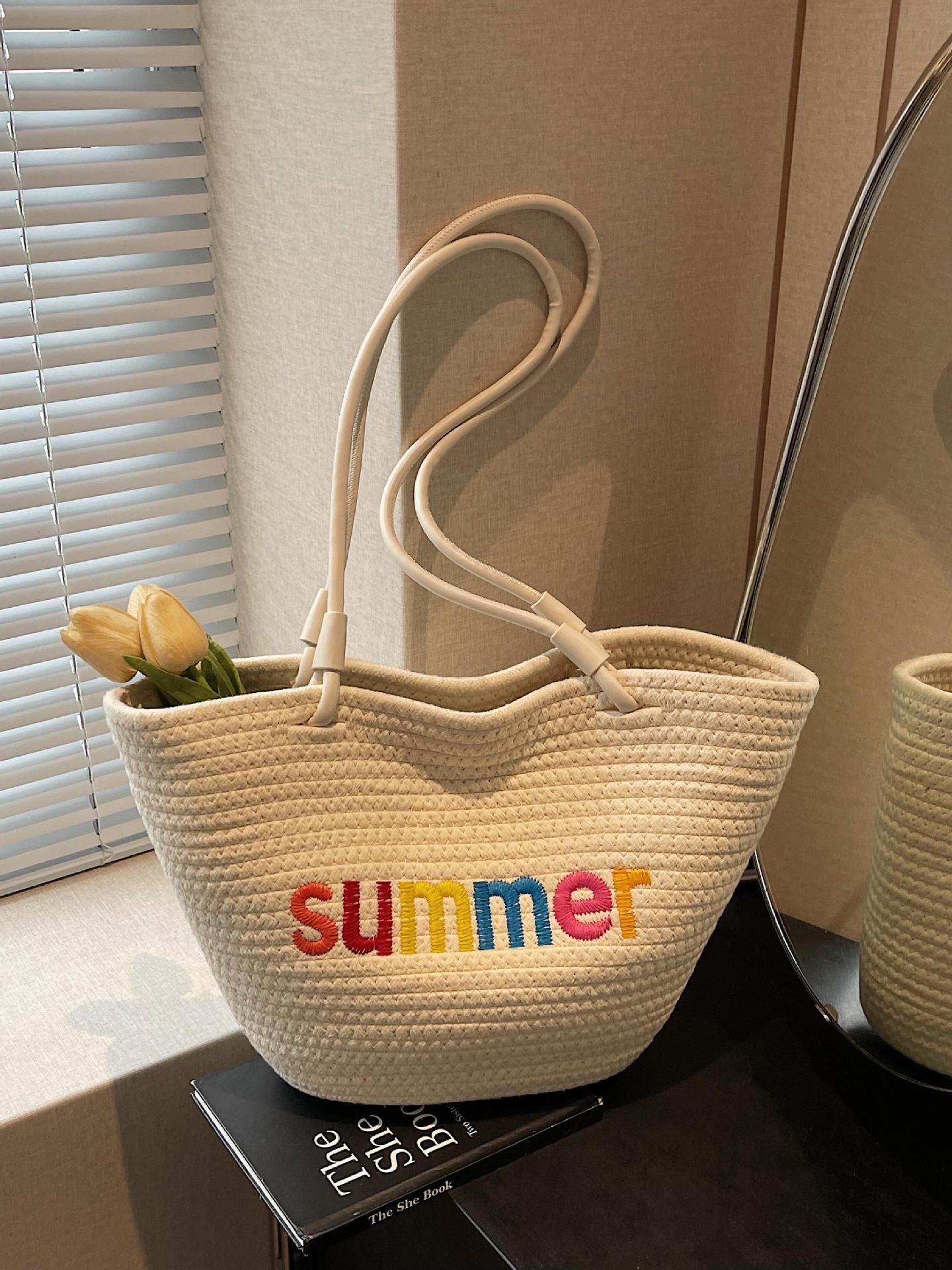 Bolso Tote de Paja Playero, Paja, Diseño Abierto, para Vacaciones y Uso Diario