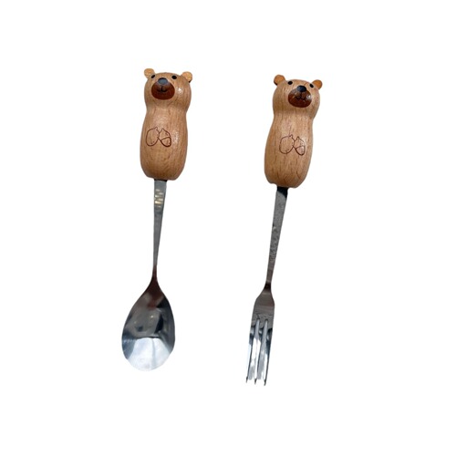 Light luxury stainless steel small spoon and fork household cute and exquisite eating cartoon wooden handle spoon tableware BH267