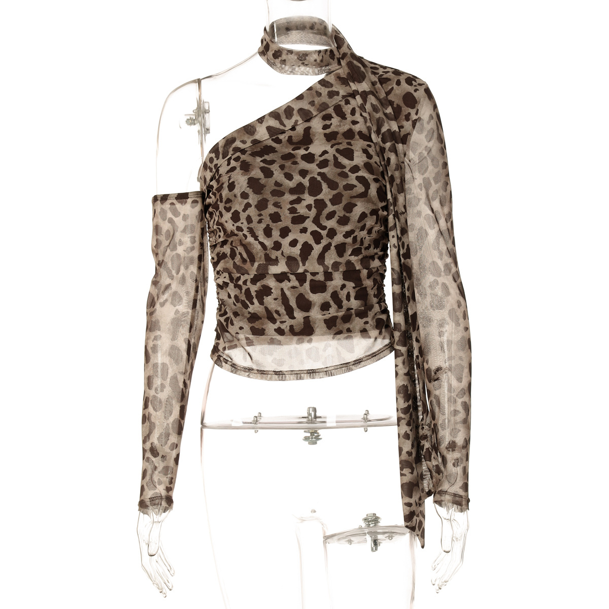 Women lothing Leopard Print One Shoulder Cold Shoulder Long Sleeve Ribbon Slim Pleated T shirt Top 5 Women lothing Leopard Print One Shoulder Cold Shoulder Long Sleeve Ribbon Slim Pleated T shirt Top
