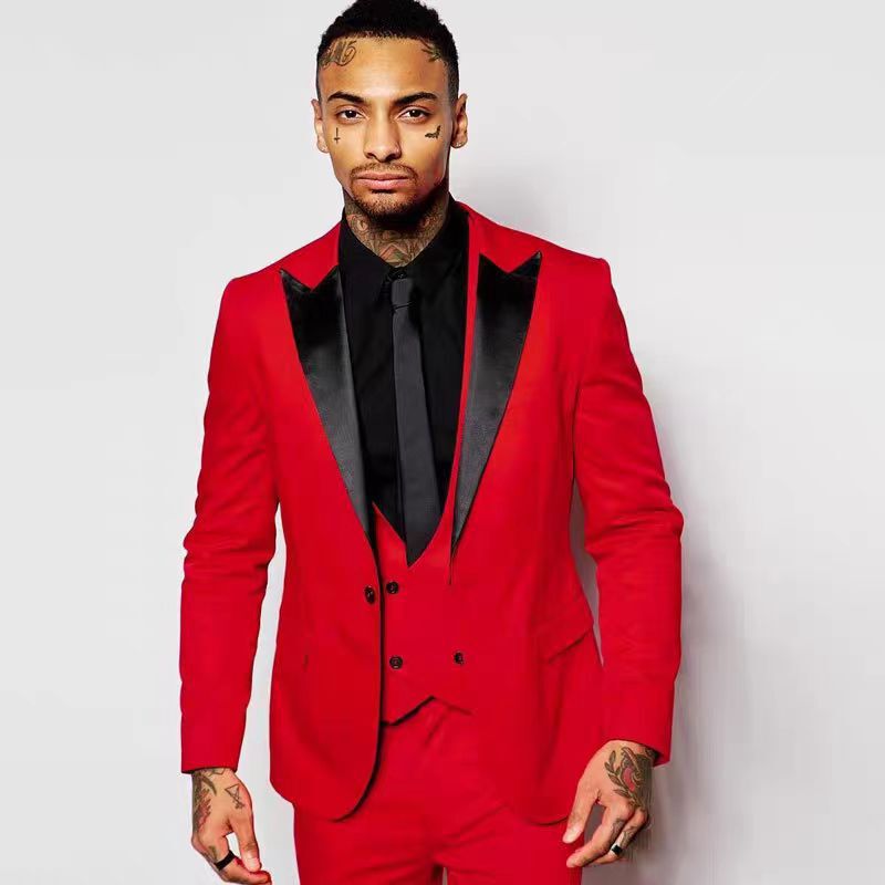 European and American Foreign trade new three-piece suit black pointed lapel suit bridegroom best man banquet dress tuxedo