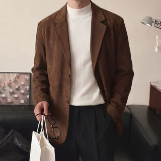 老钱风复古麂皮绒休闲西服男商务高级感单西外套棕色翻领宽松西装