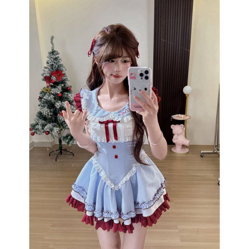 夏の新しい女の子のような甘くてかわいいブルーチェック柄リボン人形襟ドレスレーススカート|undefined