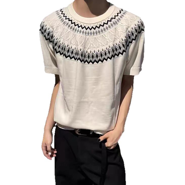 Isla de Fair camiseta de punto de manga corta camiseta de cuello redondo jacquard hombre viejo estilo casual hielo de verano fábrica transfronteriza mayorista
