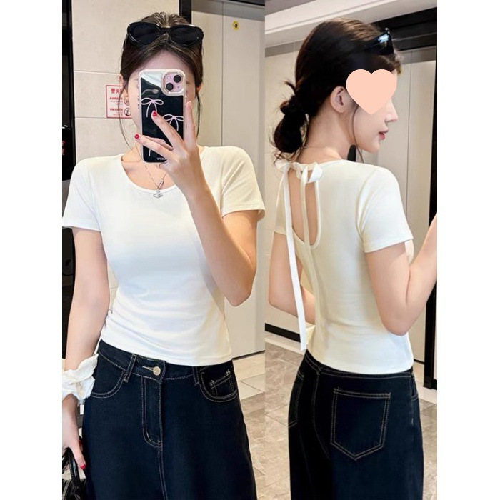 クロスボーダースポットボウバックレスピュアデュード半袖ラウンドネックTシャツホットガールスリミングデザインショルダートップ直販|undefined