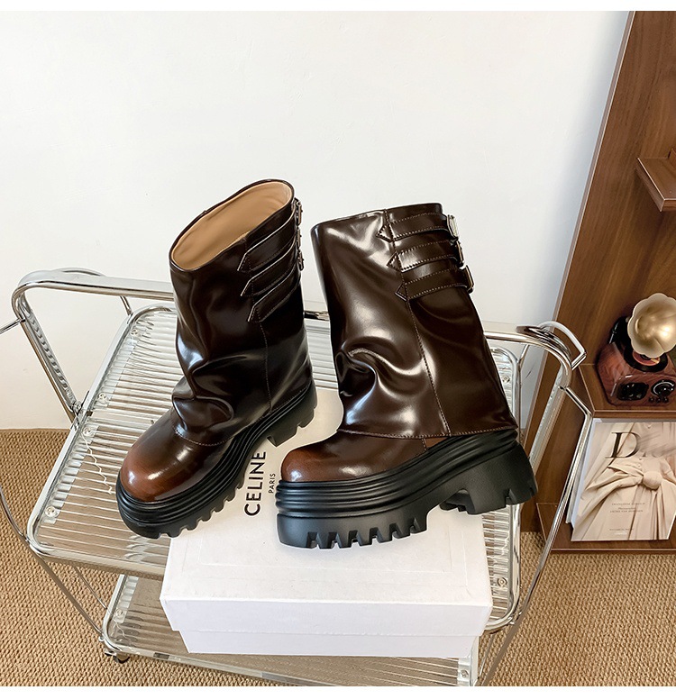 Boot nữ cổ cao ôm bắp chân đế xuồng da thật phong cách cưỡi ngựa khóa dây — Lớp lót đơn màu trắng nhạt 12cm, Lớp lót đơn màu nâu 15cm, Màu đen đơn 12cm, Lớp lót nhung màu nâu 12cm chi tiết 21