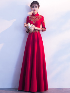 Chinese toasting dress bridal cheongsam 2023 new autumn and winter Chinese style red long wedding return dress skirt for women