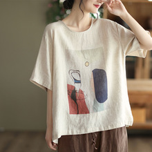 捡漏特价~日系棉麻短袖T恤女夏宽松复古印花显瘦休闲亚麻苎麻上衣