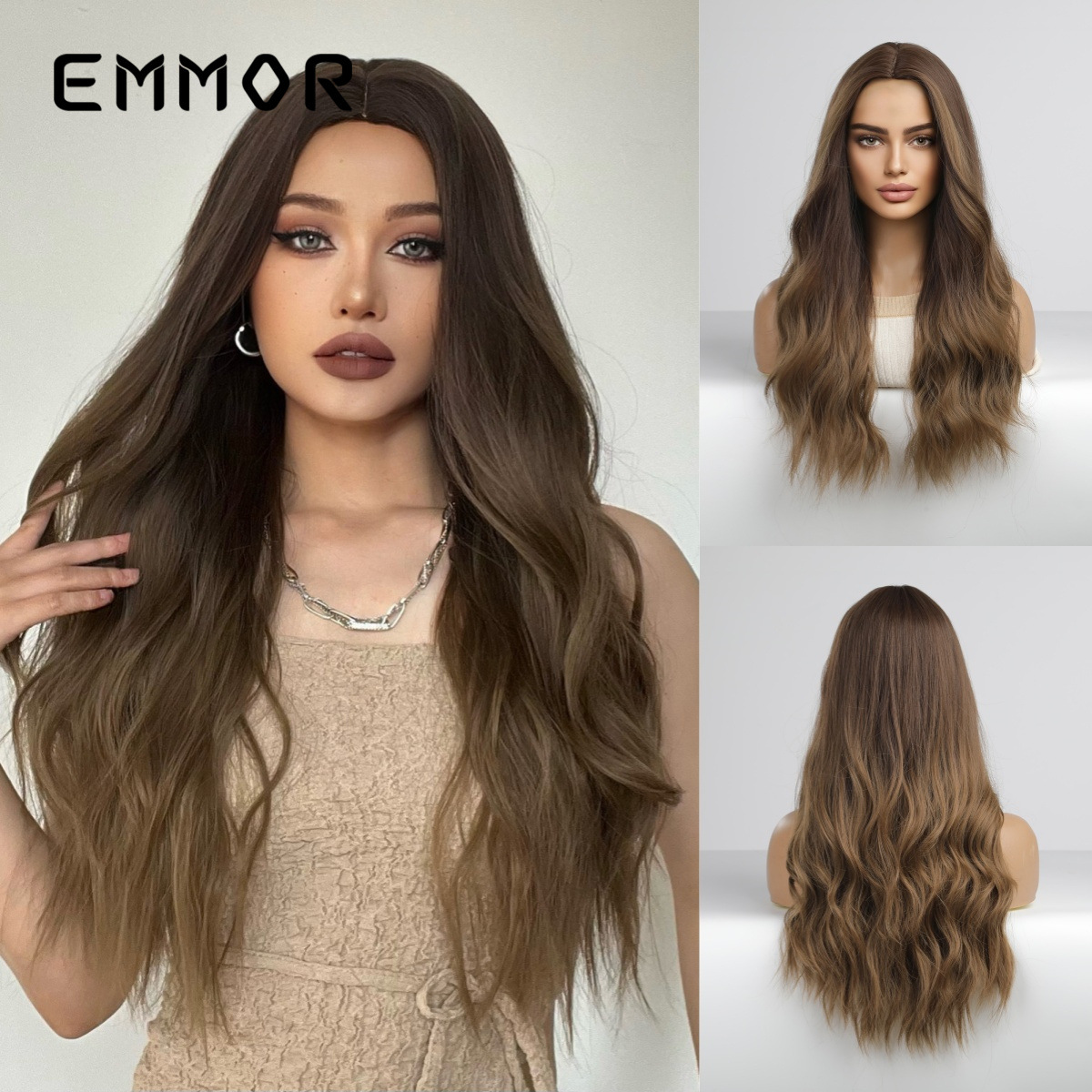Nuevo estilo transfronterizo estilo europeo y americano wigs cabello largo y rizado gradiente gris marrón seda de alta temperatura peluca de fibra química cubierta completa