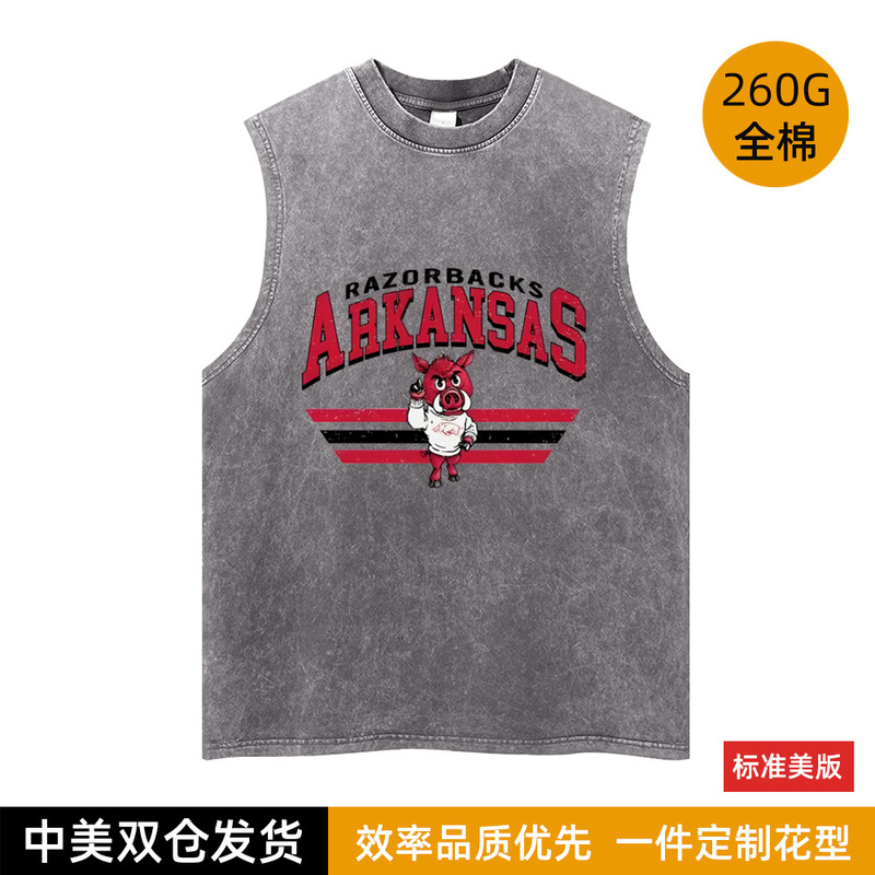European and American Cross-Border Men's Arkansas Mascot Printed Sleeveless T-Shirt Retro Washed College Sports Vest