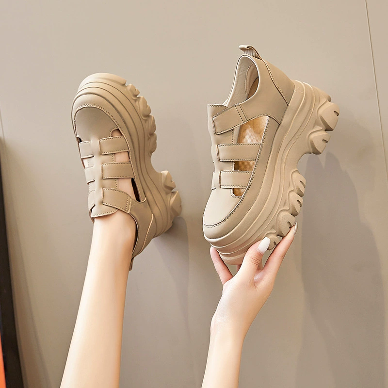 Женские туфли на платформе из натуральной кожи на толстой подошве, лето 2025, спортивные римские туфли из натуральной кожи на липучке, сандалии с носком