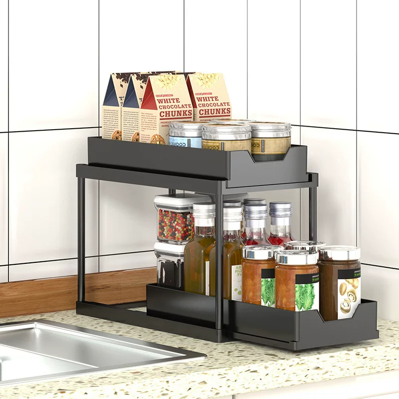 Double -layer pull -up shelf kitchen sink to disassemble the storage table surface spice seasoner multi -purpose storage rack