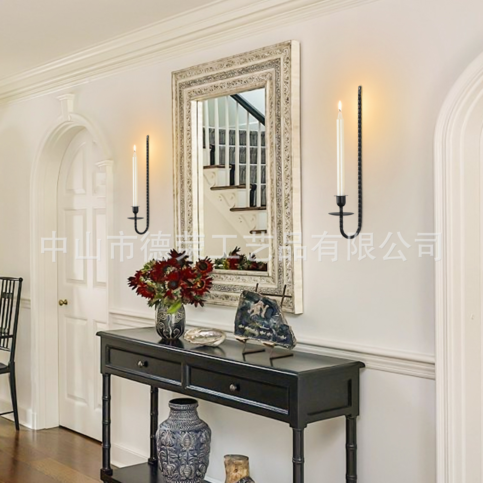 Simple candelabro de hierro forjado colgado en la pared de alto nivel en la pared de hierro forjado en forma de botón L decoración de la atmósfera de candelabro 2 piezas set