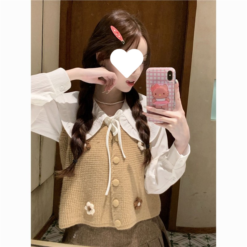 2024秋季新款甜美减龄立体花朵针织马甲+娃娃领长袖衬衫两件套女