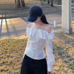 白色一字肩长袖衬衫女法式早秋设计感小众荷叶边别致绝美小衫上衣