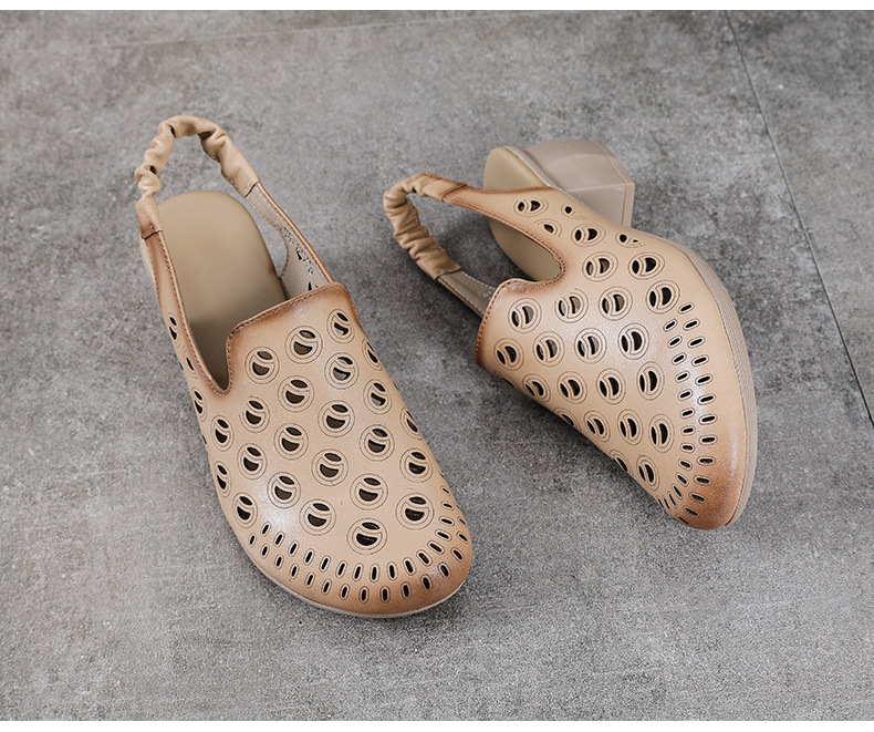 Sandal bít mũi da bò thật khoét lỗ thoáng khí gót thô mùa hè phong cách La Mã — Màu be chi tiết 14
