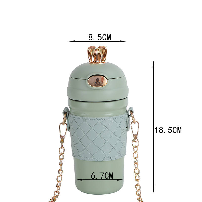 Moda lindo conejo rebote paja taza 304 Acero inoxidable taza de vacío de las mujeres portátil crossbody conejo taza de agua al por mayor