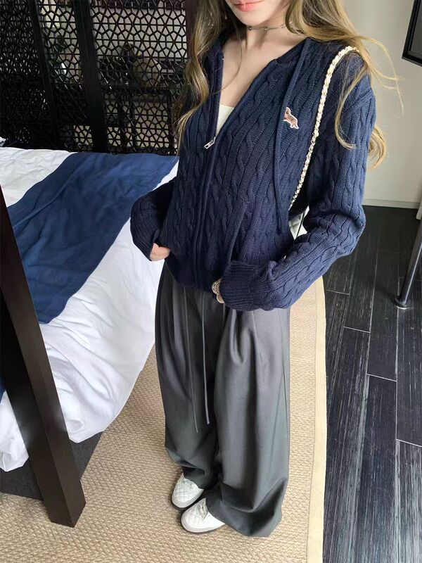 小麻花2025秋冬款新款灰色拉链毛衣慵懒针织开衫连帽上衣女装宽松|undefined