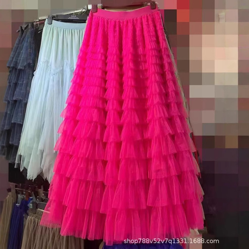 Mesh Stitching Cake Skirt 2024 Spring, Summer, Autumn and Winter New Mid-length Skirt A- line Long Skirt Tulled Veil Skirt