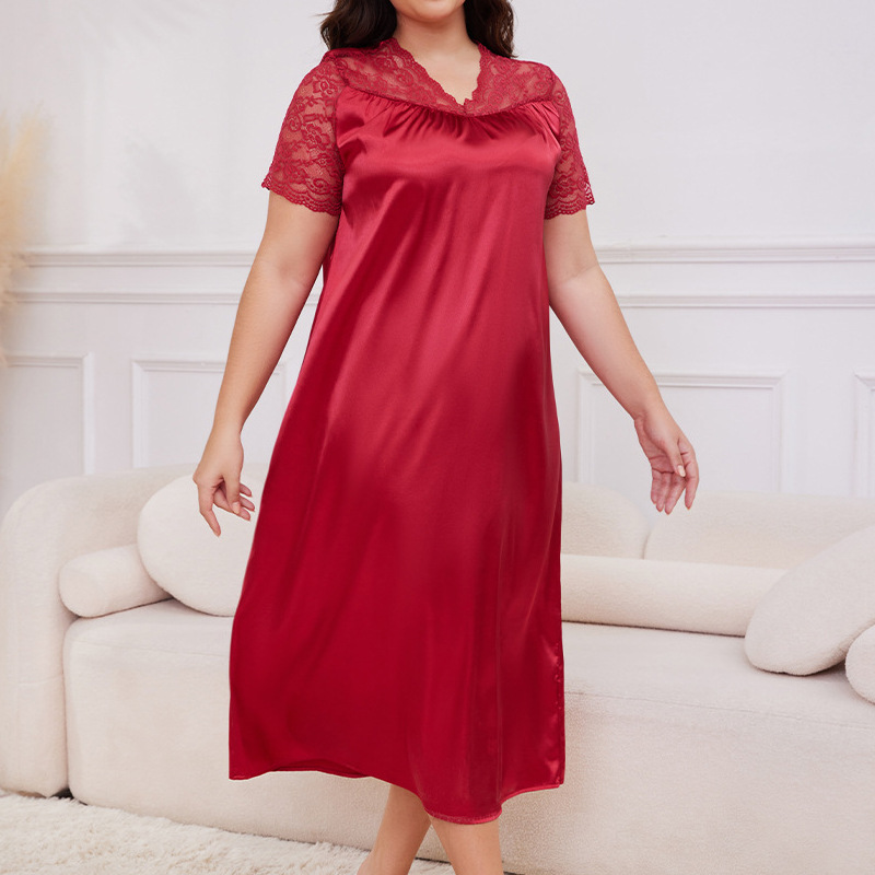 Plus Size New Women's Pajamas Spring Summer Ice Silk Short Sleeve Long Nightdress Loose Home Wear SQ22094_voghion.com