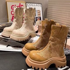 复古舒适牛仔大头厚底时装靴女2025新款小个子增高时装靴时装女款