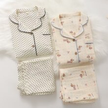 现货双层棉纱绉布家居服韩版波点睡衣套装卡通腊肠狗睡衣宽松大码