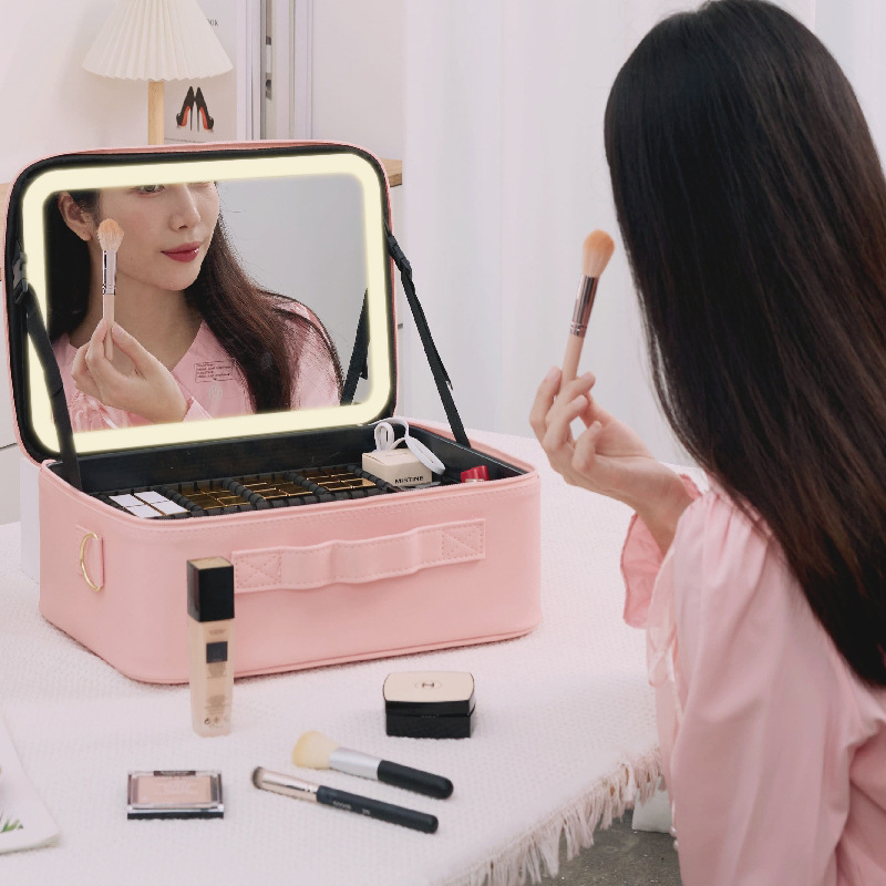 Caja de maquillaje con lámpara con espejo LED bolsa de maquillaje batería de gran capacidad caja de maquillaje bolsa de almacenamiento multifuncional