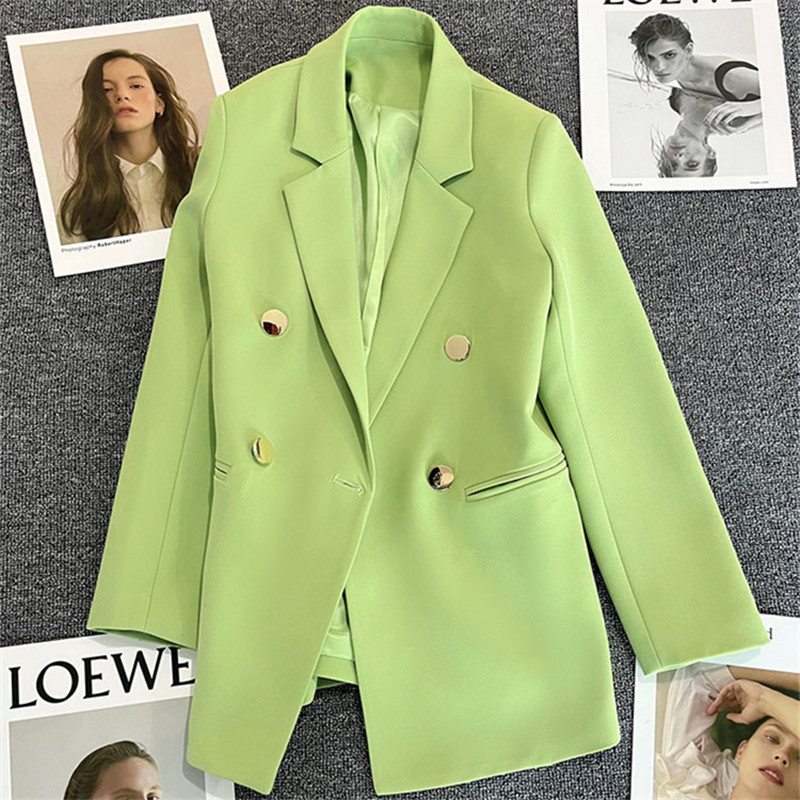 Green Metal Buckle Korean Style 2023 Spring and Autumn New Milk White Suit Jacket Women's Casual All-match High-end Suit