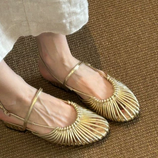 金色软底小众设计感编织罗马凉鞋女款夏时尚透气镂空后绊带沙滩鞋