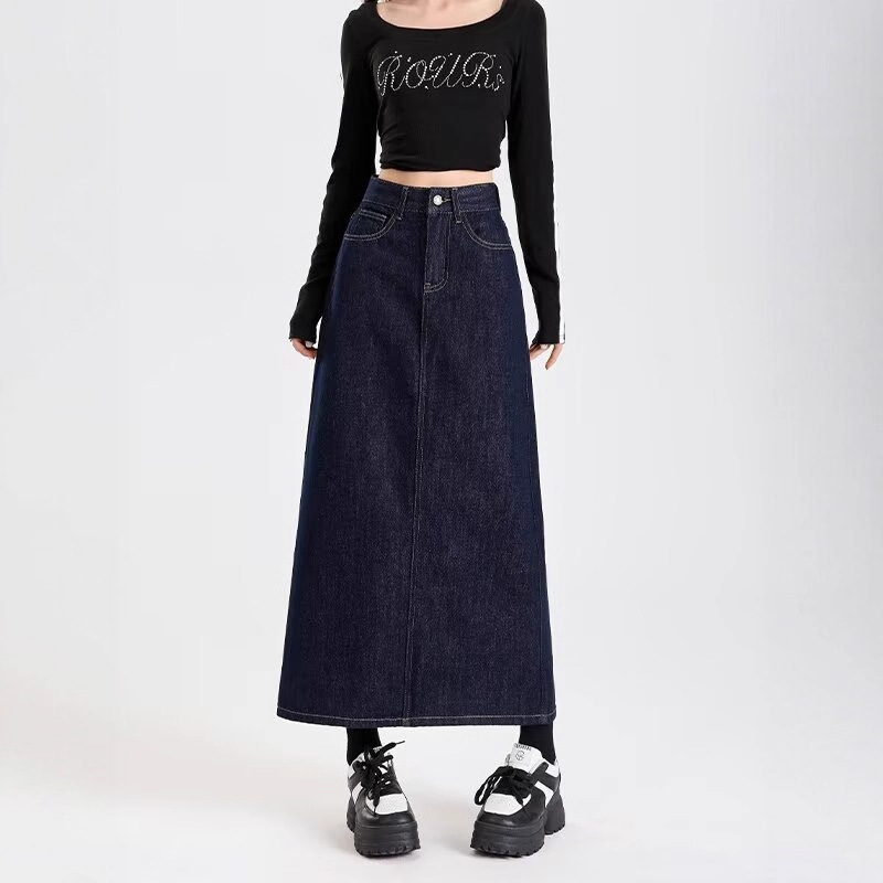 2025 New Denim Blue Buttoned High-Waisted Denim Skirt for Women Mid-Length Slit Slimming Hip-Hugging Skirt
