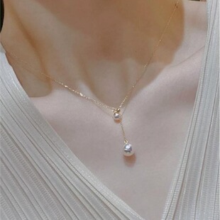 high quality Natural Freshwater Pearl Double Bead Pendant Y-shaped Chain with White Powder Necklace Chain Clavicle Chain