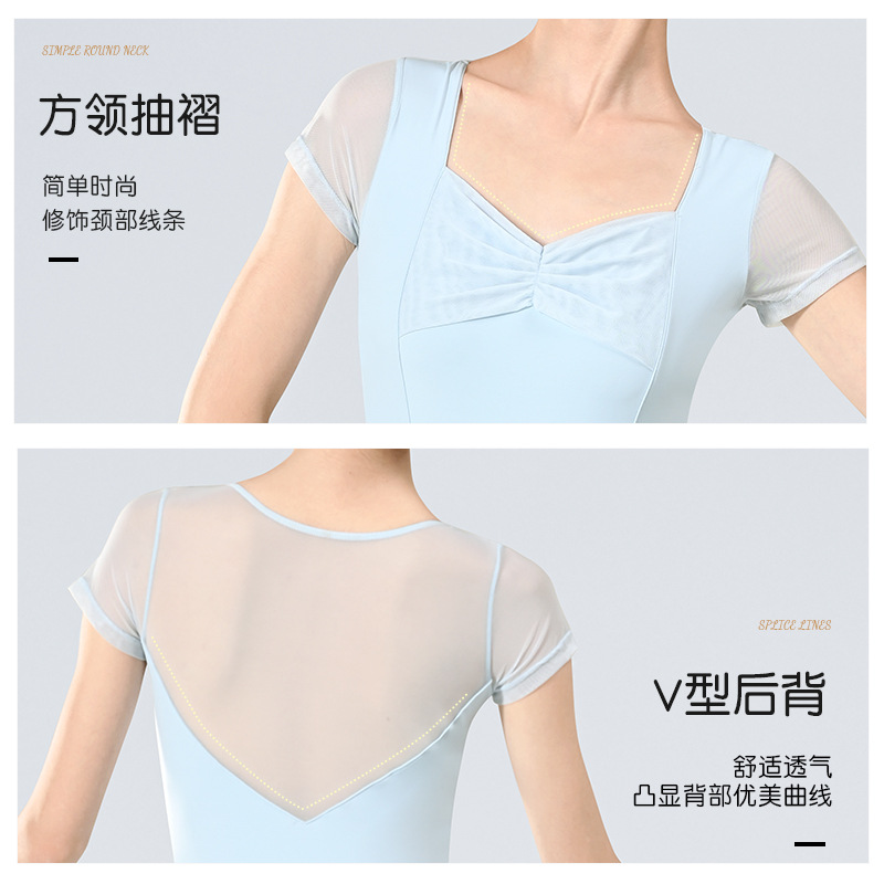 Ropa de baile ropa de práctica de verano de las mujeres de manga corta de nylon de malla plisada mono Ballet entrenamiento básico bailando ropa de cuerpo