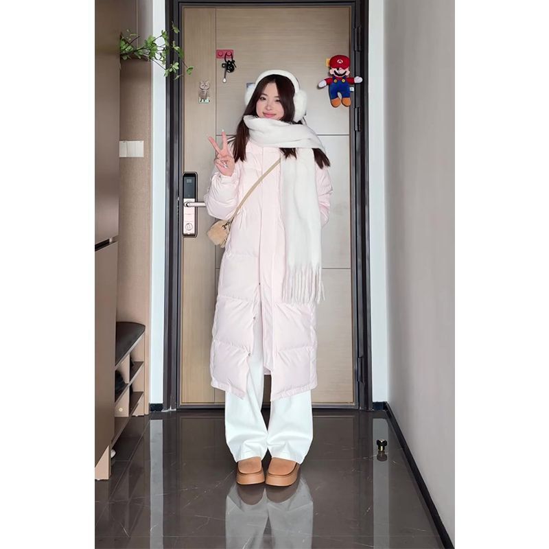 大码温柔风奶蓝色中长款羽绒棉服女冬季宽松加厚保暖过膝棉衣外套|undefined