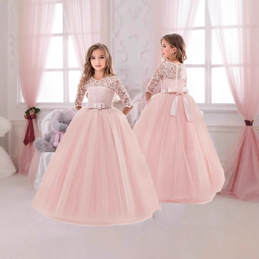 女童蝴蝶结蓬蓬裙花童婚纱礼服童裙girldress公主七分袖连衣裙