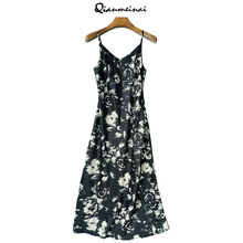 「水墨佳人」斜裁气质优雅印花醋酸吊带裙墨染连衣裙2025夏季裙子