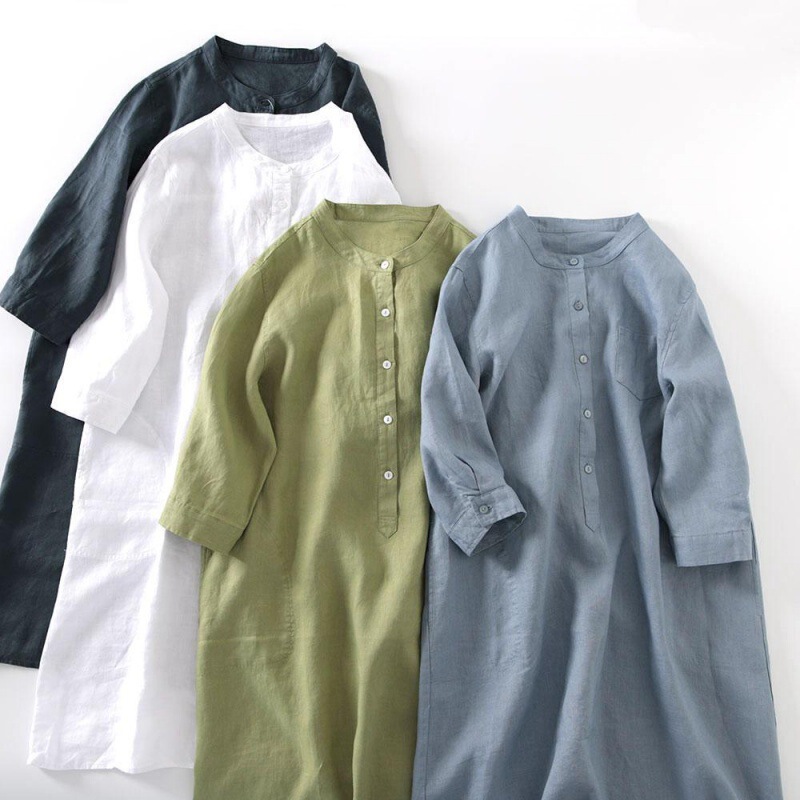 Linen Dress Women's Pure Color Casual Ramie Shirt Dress Loose Slimming Look Large Size Fat mm Mid-Sleeve Cotton and Linen Long Skirt Linen Dress Women's Pure Color Casual Ramie Shirt Dress Loose Slimming Look Large Size Fat mm Mid-Sleeve Cotton and Linen Long Skirt