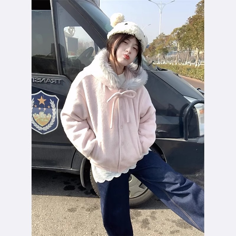 2025春秋新款温柔甜美粉色毛领连帽毛呢外套女韩系学院风卫衣夹克|undefined