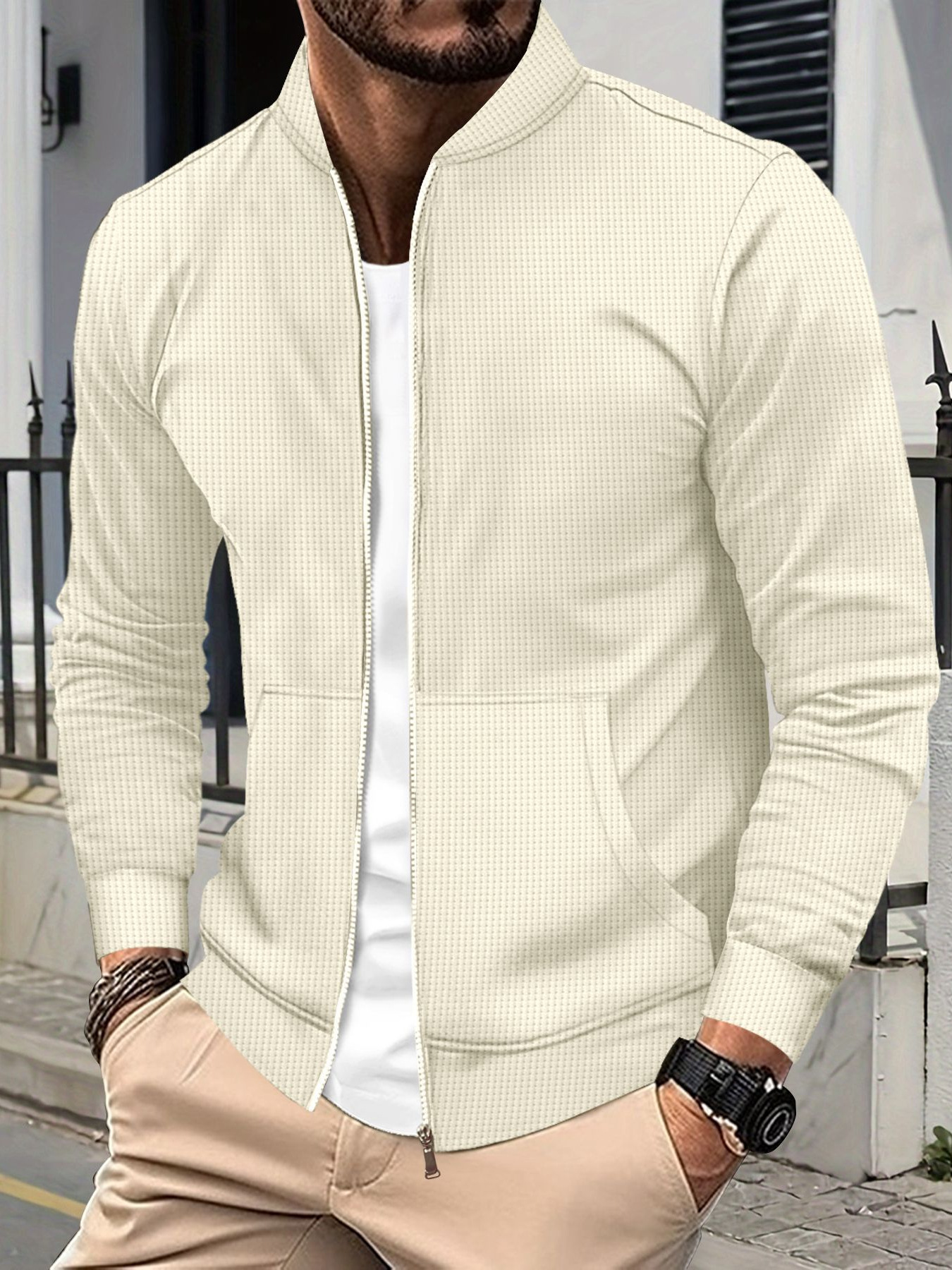 Herren-Baseballjacke mit langen Ärmeln, Waffelstrick, einfarbig, Reißverschlusstasche, europäisch-amerikanischer Stil, Frühling/Herbst_voghion.com